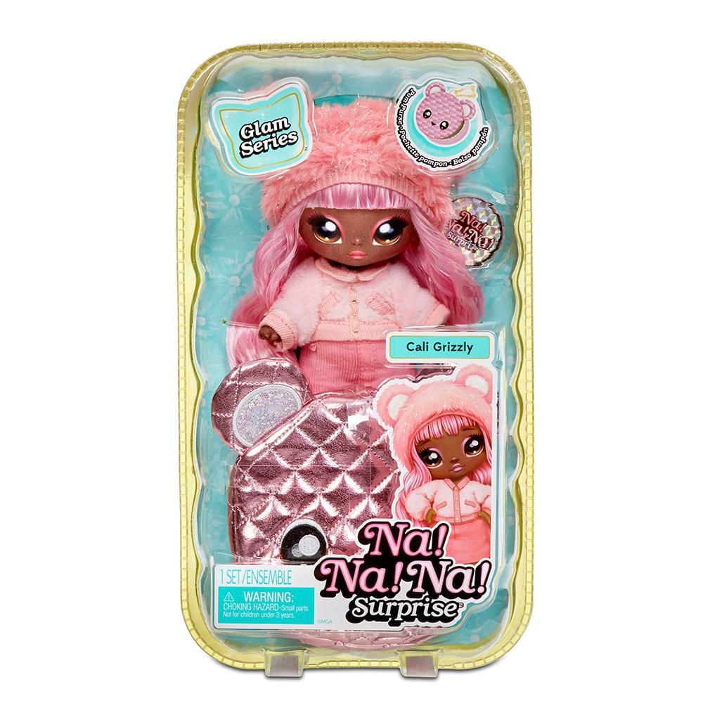 Na Na Na Surprise 2-in-1 Fashion Doll and Metallic Purse Glam Series - Cali Grizzly, Pink Hair Doll with Pink Bear Purse