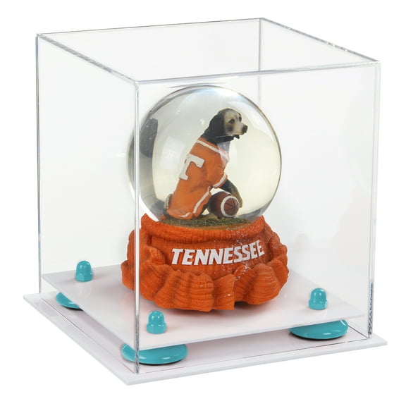Versatile Acrylic Clear Display Case - Small Rectangle Box with Blue Risers and White Base 7.625" x 7.625" x 8.5" (A015-BLR)