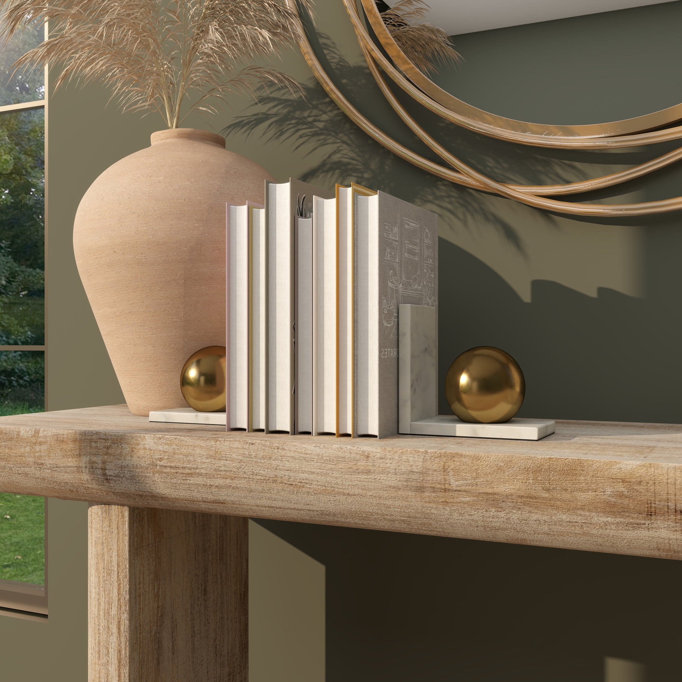 Cosmoliving by Cosmopolitan Marble Modern Decorative Bookends with Metallic Gold Balls 7"W x 6"H, Gold Finish with White Marble Stands