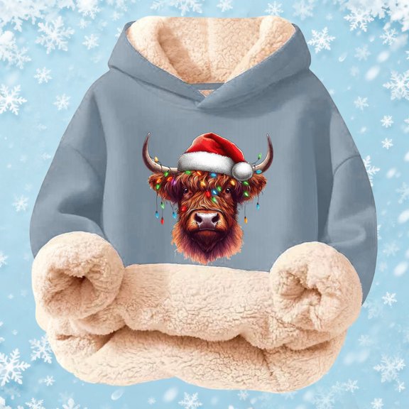 MAIHAN-Kids Highland Cow Sweatshirt- Soft Lined Christmas Sweatshirts with Highland Cow Print, Cozy Warm Kids Jacket Top for Winter Outdoor Play and Holiday Activities(B-Multicolor,7-8Years)