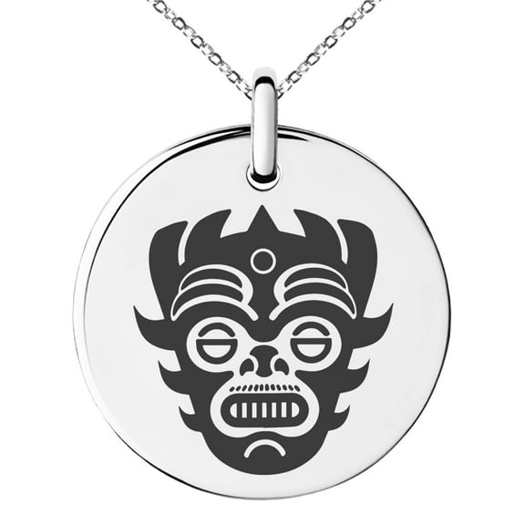 Tioneer Stainless Steel Aztec Warrior Mask Rune Engraved Small Medallion Circle Charm Pendant Necklace