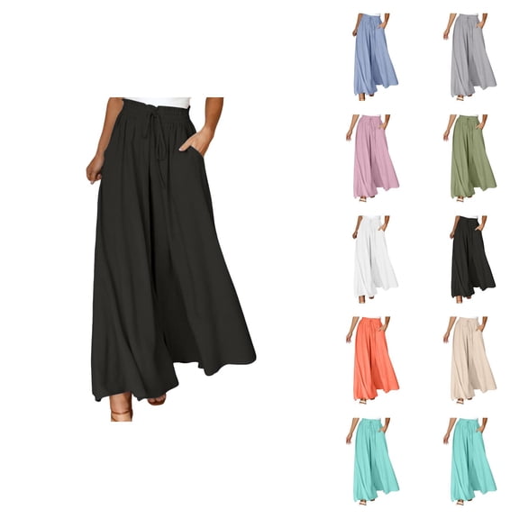 Palazzo Pants for Women Elastic High Waist Wide Leg Loose Fit Lightweight Flowy Beach Pants with Pockets