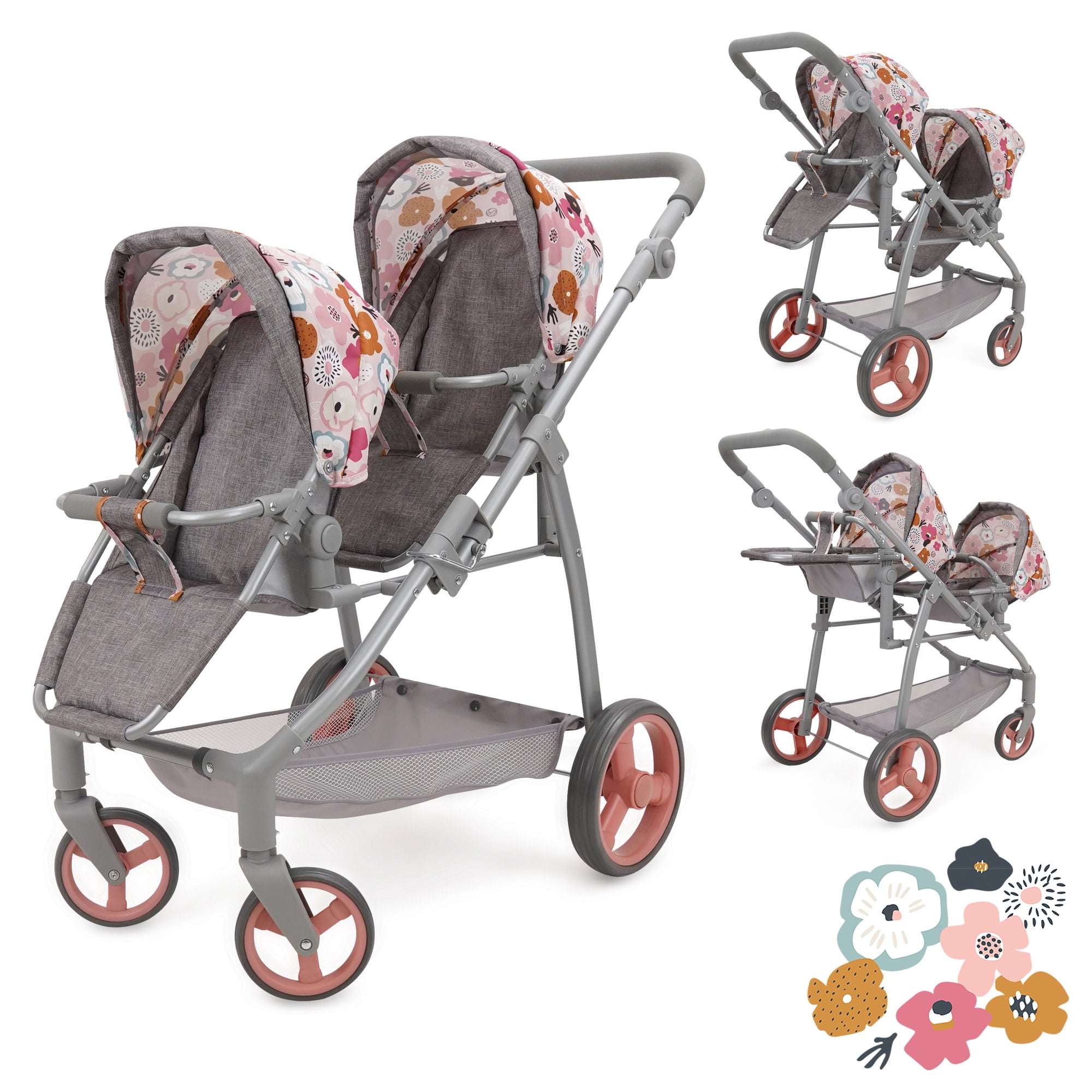 509 Crew: Melange Flora - Twin Doll Shopper Pram - Gray-Pink-Flower, Adjustable Stroller Seating Positions, Canopy-Basket, Doll Accessory Toy, Kids 3+