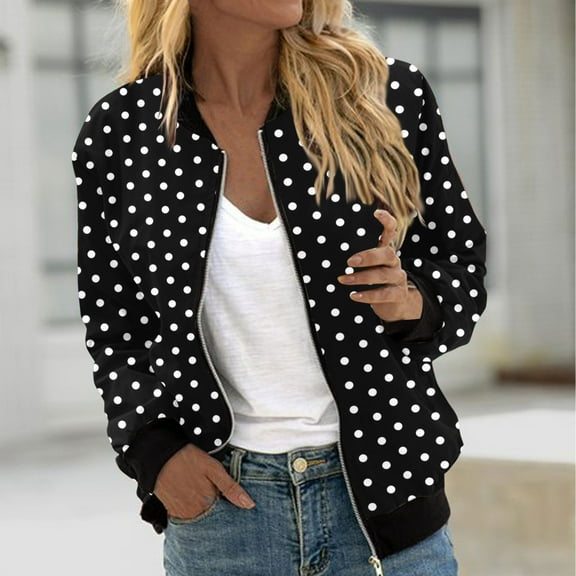 Ovbmpzd Polka Dot Lightweight Jacket Women Black Casual Zip Up Long Sleeve Baseball Streetwear Jackets Coat for Women L