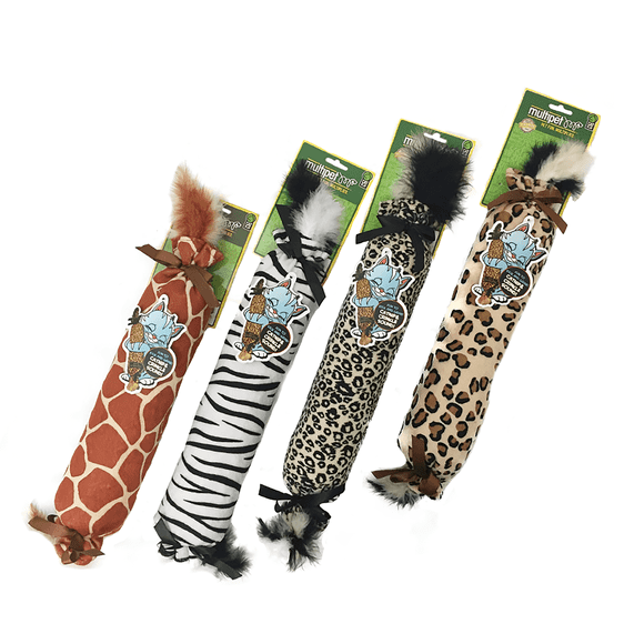Multipet Katz Kuddlerz Elongated Catnip Filled Plush Cat Toy with Crinkle and Feathers, 17-Inch Colors Vary