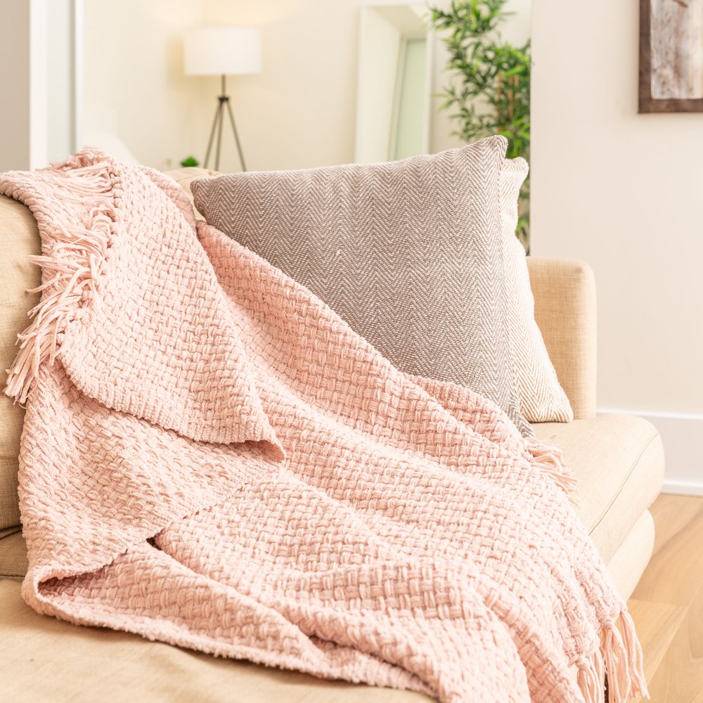 Fabstyles Basketweave Polyester Throw with Fringe, Lightweight