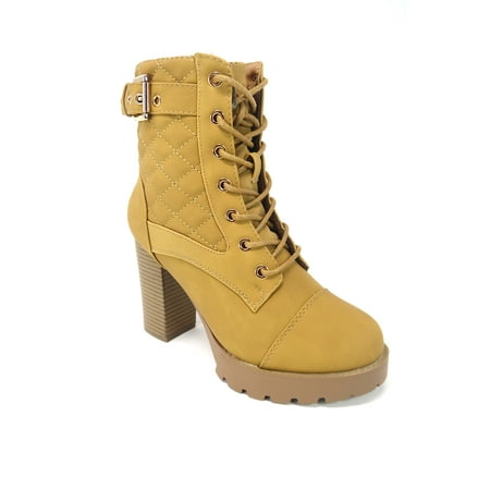 

Shoe Fash Womens Quilted Lace Up Chunkly Heel Ankle Boots Camel 9