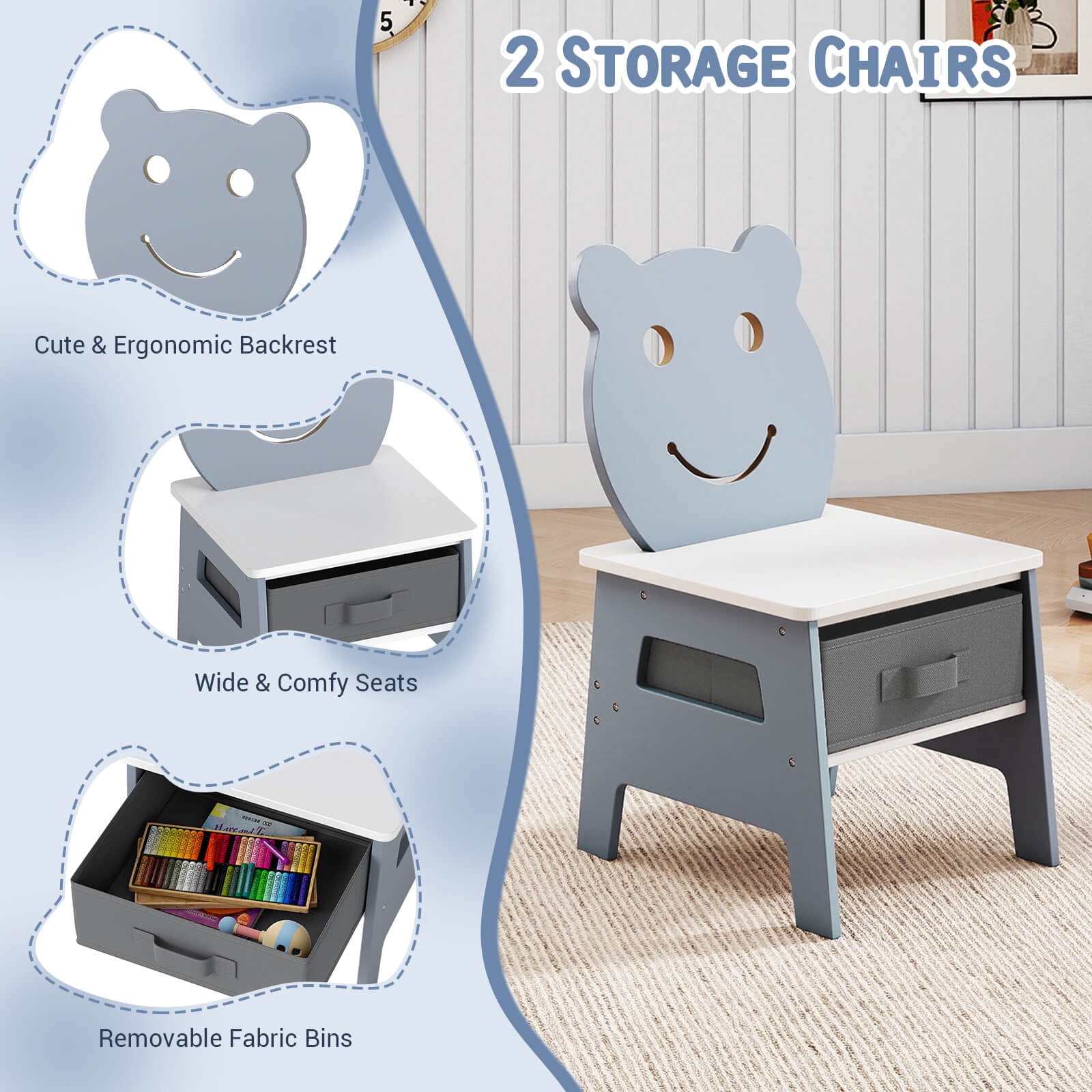 Costway 5-in-1 Kids' Table & Chair Set with Chalkboard, Whiteboard, 3 Storage Bins, 4 Hooks Gray + White