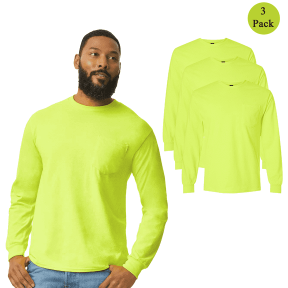 Gildan Hi Vis Pocket T-Shirt for Men, Durable 50/50 Long Sleeve Work Shirt, Safety Green, 3 Pack, S