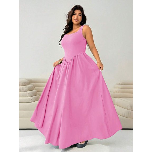 Pink Plus Size Sleeveless Square Neck A-Line Maxi Dress For Women Summer Flowy Long Dress