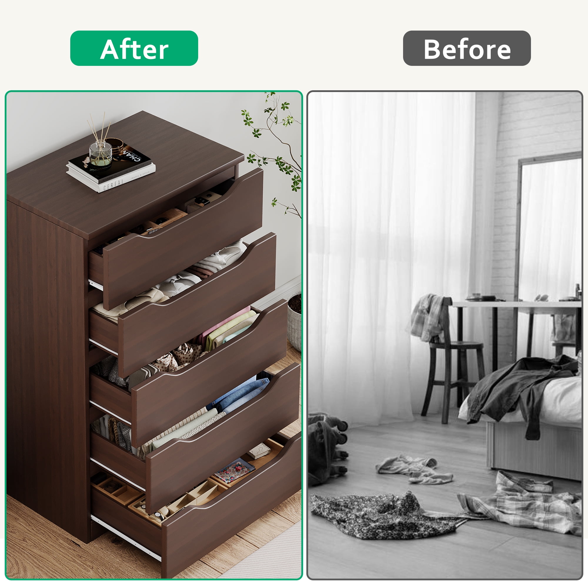 Vipuse Brown Tall 5 Drawer Dresser for Bedroom with Hidden Storage Design, Large Modern Closet Dressers & Chests of Drawers with Cut-Out Handles, 27.6" L*15.8" W*45.3" H for Bedroom,,Brown
