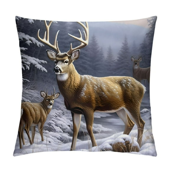 Pratyus Deer Snow Trees Modern Farmhouse Rustic Decorative Couch Pillow Cases with Zipper Home Decor High-Quality Winter Printed on Both Sides 1PC 12x12in