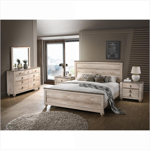 Bedroom Set 5-Piece Queen Industrial Chic White Wash Solid Wood with Dresser Mirror Nightstands | Wood | Standard Beds