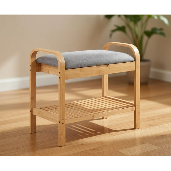 2-Tier Bamboo Shoe Rack Bench with Padded Seat and Flip-Open Storage