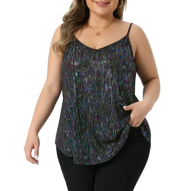 Tops sin mangas de lentejuelas de talla grande para mujeres, camiseta de bronceado con escote en V, chaleco 2X negro púrpura