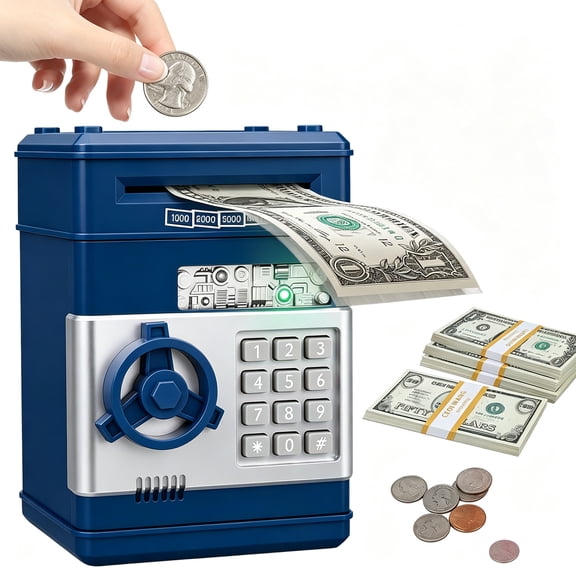 Rirool Piggy Bank for Kids with 4-Digit Password, Electronic ATM Money Bank Toy with Automatic Banknote Roller for Boys & Girls Ages 5-12, Navy