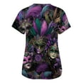 thumbnail image 3 of Womens Mardi Gras Scrub Tops Carnival V Neck Sparkly Uniform Feathers Print Glitter Short Sleeve Gold Scrubs with Pockets Light Purple M, 3 of 5