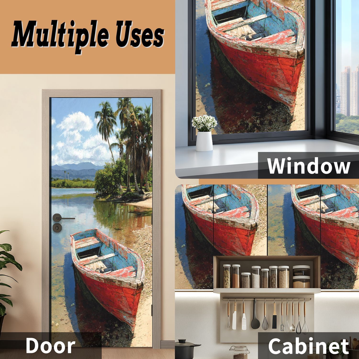 Self Adhesive Vinyl Refrigerator Wrap Set Old Fishing Boat Jacmel Haiti Door Mural Removable Fridge Sticker Peel and Stick&nbsp;Full Door Cover Decal Kitchen Bar Decor