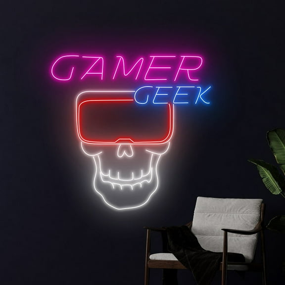 Handmadetneonsign Gamer Geek VR Game Neon Sign, Skull Gamer Wall Art Decor, Gaming Room Wall Decor