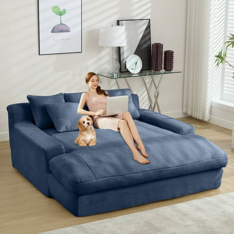 Dinosisco Oversized Deep Seat Lazy Sofa with 5 Pillows Chenille 2 Seater Couch for Living Room Navy Blue