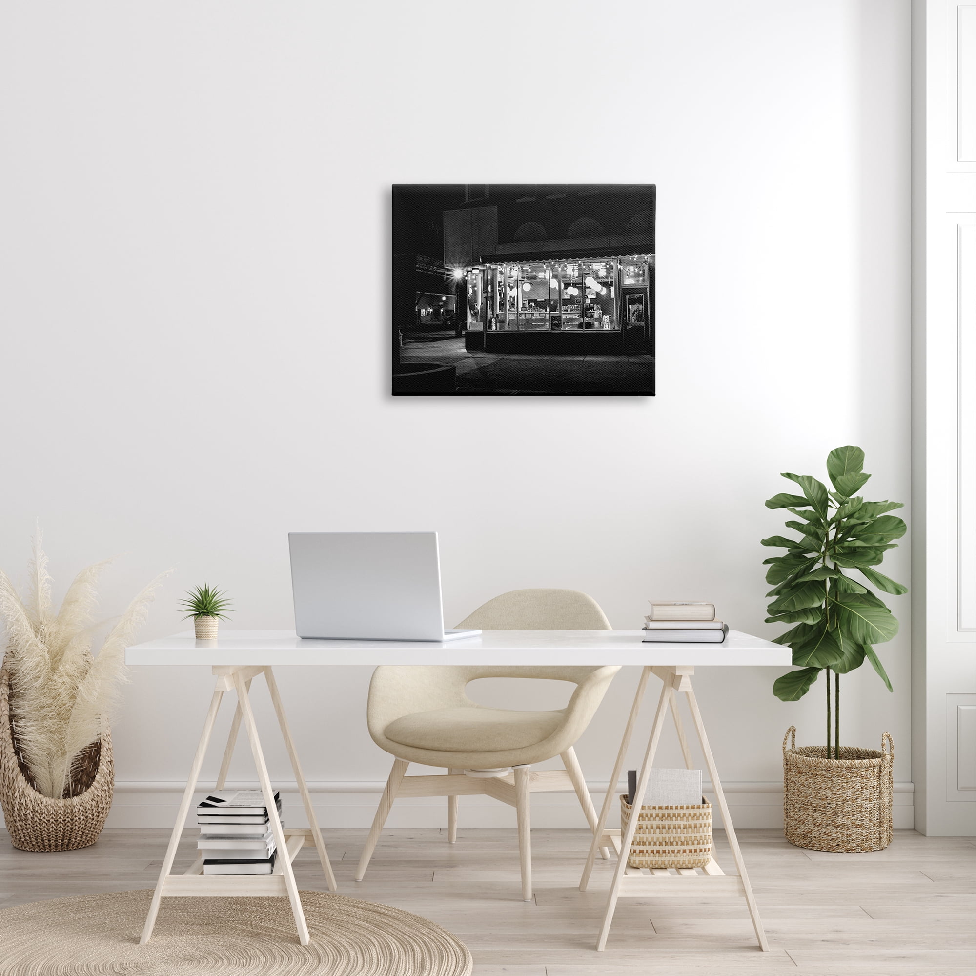 Industries Urban City Diner Architecture Nighttime Black White 30 in x 24 in Photography Canvas Art Print, by Stupell Home Décor