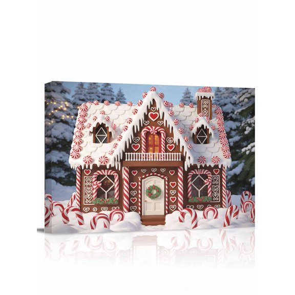 Christmas Candy Canvas Print Wall Art Framed Canvas Art Wall Decor Pink Ginger Bread House Xmas Tree Snowflake Pictures Painting Morden Artwork for Living Room Bedroom, Ready to Hang - 12"x16"