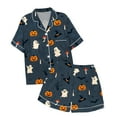 thumbnail image 5 of ZHENHONG Pajamas for Women, Halloween Graphic Printed Satin Cute Sleepwear Buttons Short Sleeve Tops Shorts Sets, Women's Sleepwear Blue, 5 of 5