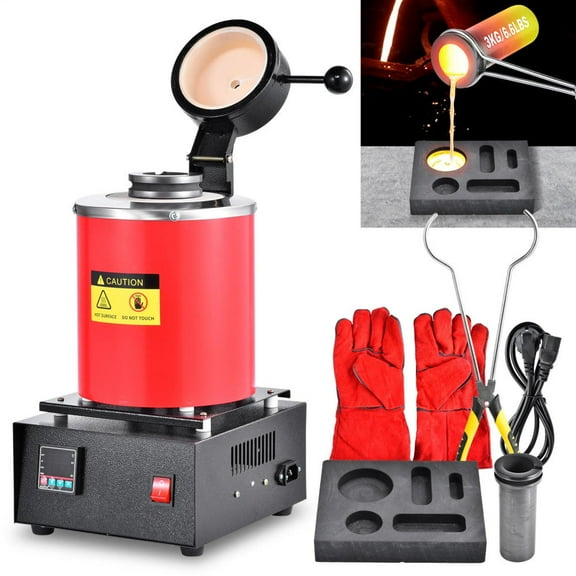 3KG 2012°F Melting Furnace Kit with Fluted Graphite Crucible - Heavy-Duty Metal Casting Machine for Gold, Silver, Copper, Jewelry Making & Refining(Red)