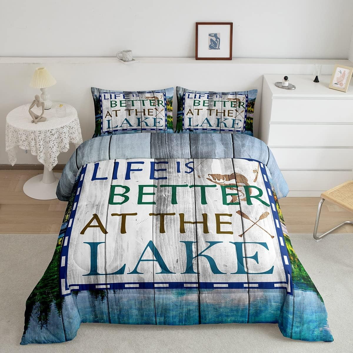 YST Lake Fishing Bedding Set Full for Boys Adults Men,Rustic Farmhouse Wooden Board Quilt