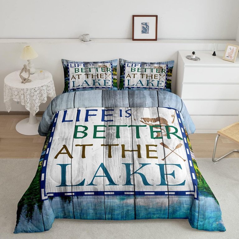 YST Lake Fishing Bedding Set Twin for Boys Adults Men,Rustic Farmhouse  Wooden Board Quilt Comforter Life is Better at The Lake Comforter Set  Country
