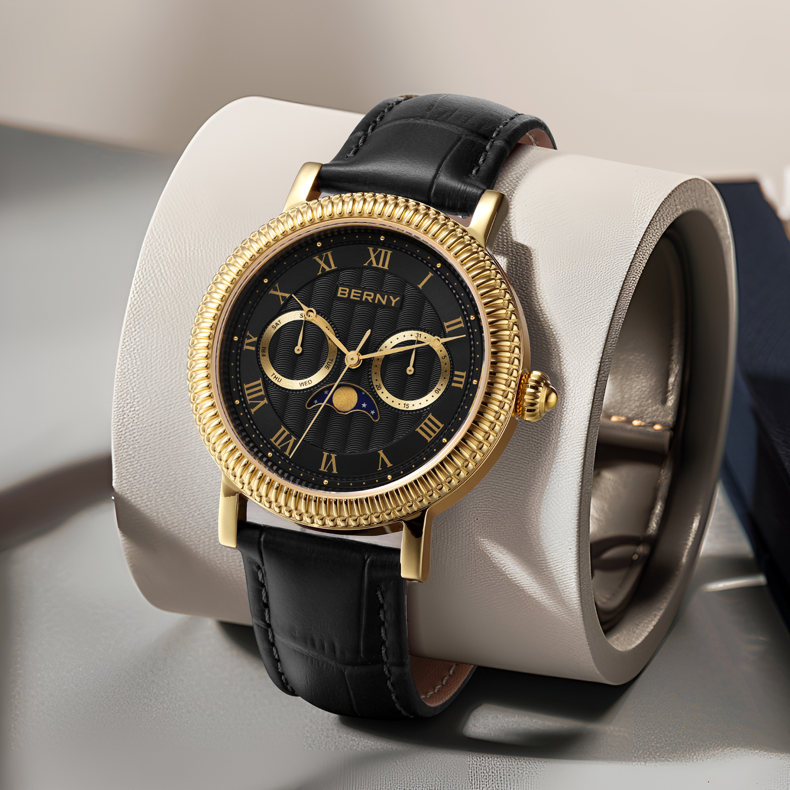 BERNY Mens Leather Watch, Vintage Roman Numerals Moon Phase Dress Watch with Day & Date, Stainless Steel, Sapphire Crystal, Waterproof, Fashion Luxury Analog Quartz Wrist Watches for Men (Gold)