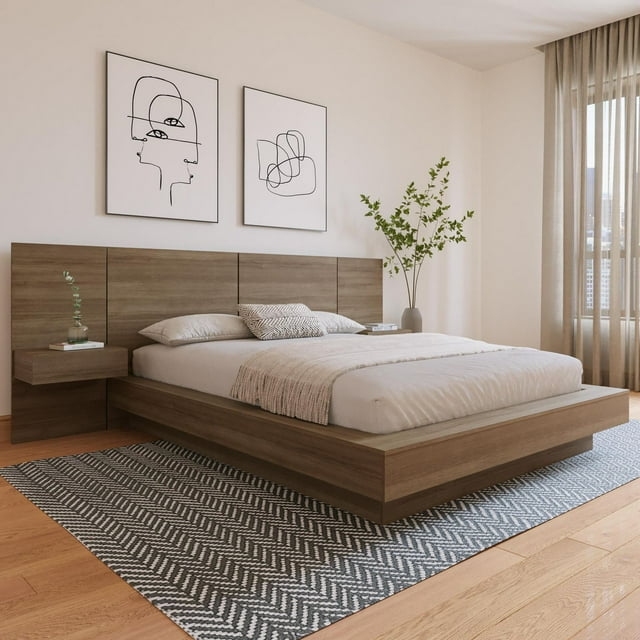 Nexera Napa 4-piece platform bedroom set with wood finish, including a low-profile bed frame and floating nightstands in a modern room with abstract line art on the walls.