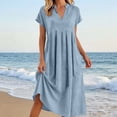 thumbnail image 2 of justHIGH Robe Midi en Coton et Lin pour Femme 2026 Été à Manches Courtes Décontractée Robes Plissées Ligne A Robe de Plage avec Poches Bleu,P, 2 of 7