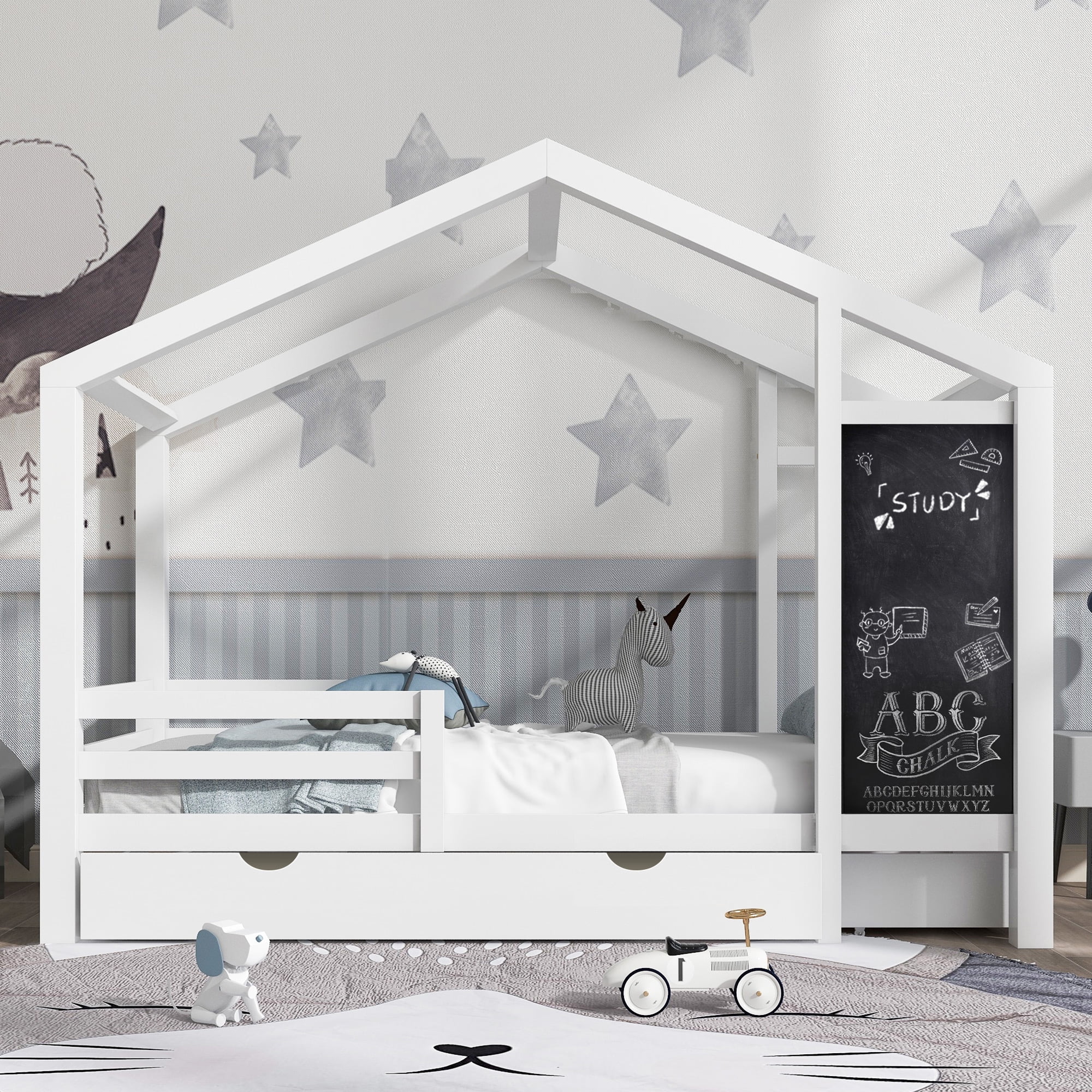 DreamBuck Twin Size House Bed with Storage Drawers and Blackboard, Wood Playhouse Platform Bed with Guardrails and Slats, Twin House Bed for Boys, Girls, Easy Assembly, Noise Free