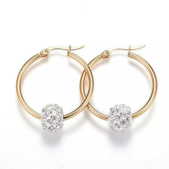 304 Stainless Steel Hoop Earrings Clay Rhinestone Beads Gold 1.3" 0.2X0.8Mm P621