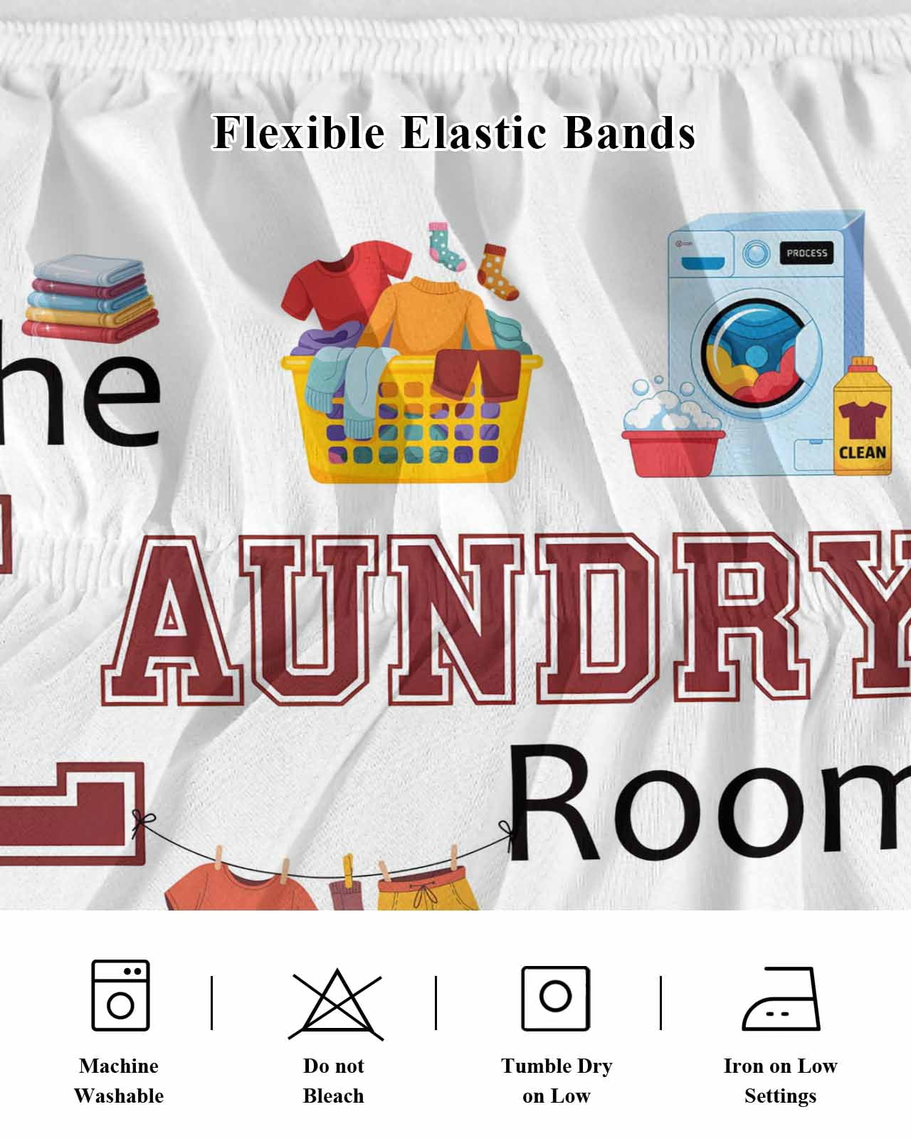 Laundry Room Wrap Around Bed Skirts for Queen Bed 16" Drop, Bed Skirt with Adjustable Elastic Belt Dust Ruffle Bed Valance for Bedroom Hotel Luxury Cartoon Washing Machine Clothes Bed Frame Cover