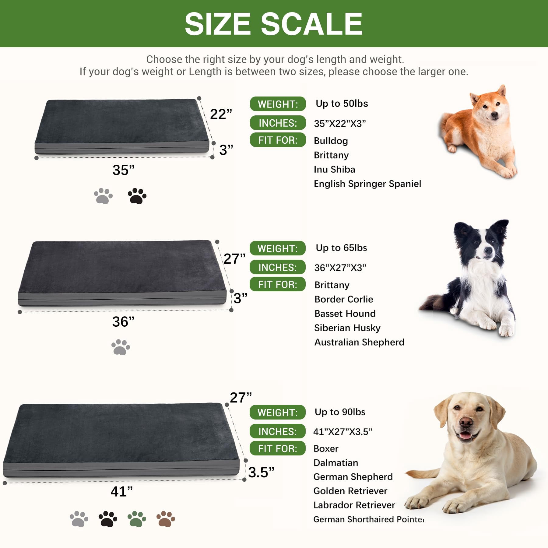 Waterproof Dog Bed Large Medium Sized Dogs  Outdoor Washable Crate Pad 36 Inch Foam Pet With Removable Cover Reversible Anti-slip Kennel 35"x22" Dark Gray