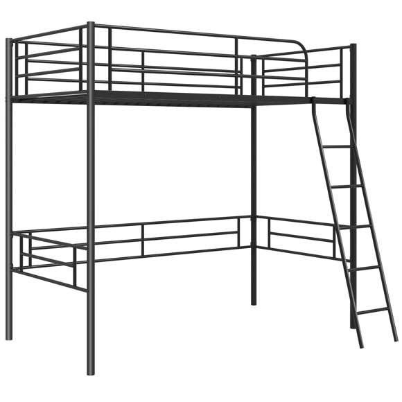 Patiojoy Twin Size Loft Bed Metal Loft Bed Frame with Inclined Ladder & Safety Guardrail Space-saving Platform Bed with Ample Space Underneath