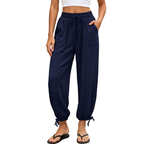 Bosfbaoi Pants for Women Regular Flat Front Jogger Pants Drawstring Waist Wide Leg Womens Pants with Adjustable Ankle Ties Outdoor Activity Trousers