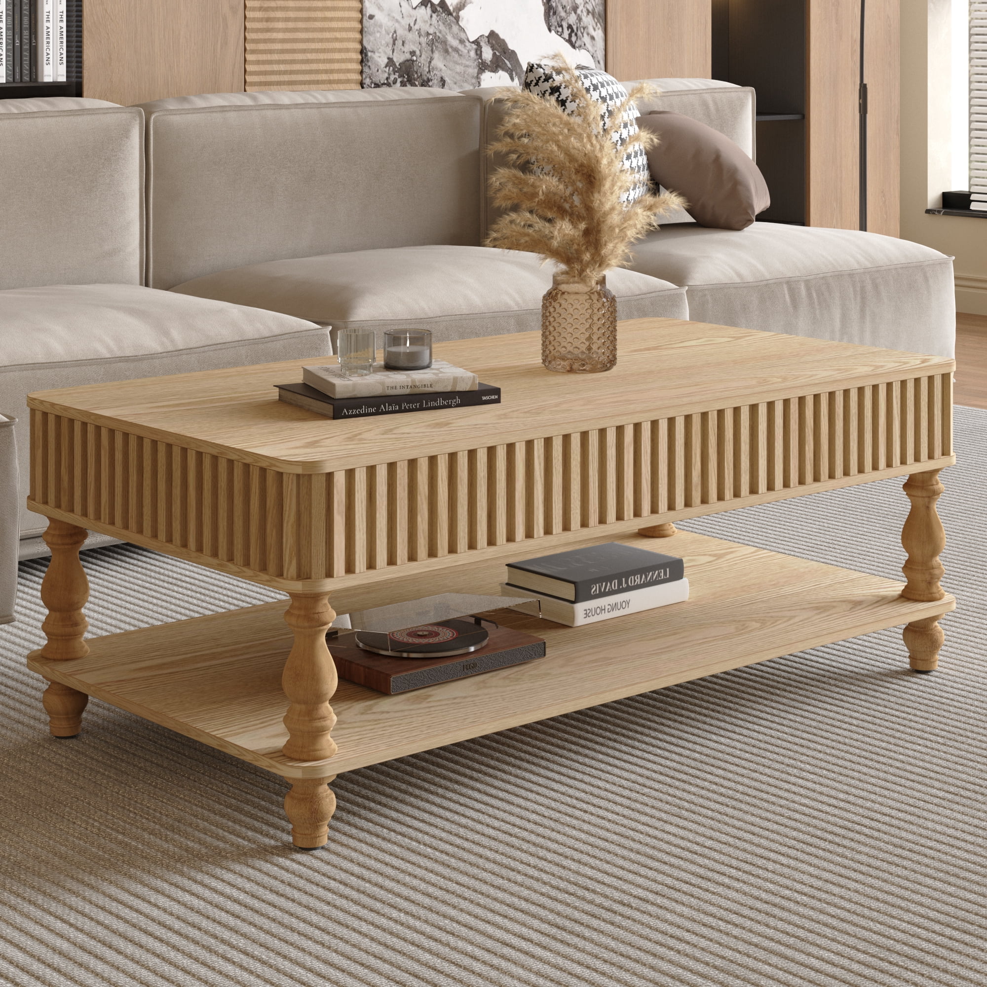 47.24" Lift Top Coffee Table with Hidden Storage and Open Shelf, Solid Wood Center Table with Fluted Design & Roman Column Legs, Tool-Free Assembly for Living Room, Vintage NaturalWood