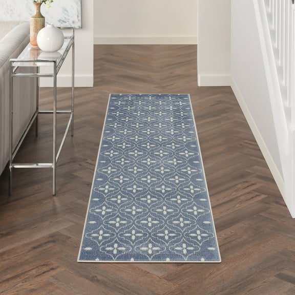 Nourison Essentials Indoor/Outdoor Blue Ivory 2'2" x 7'6" Area Rug (2x8)