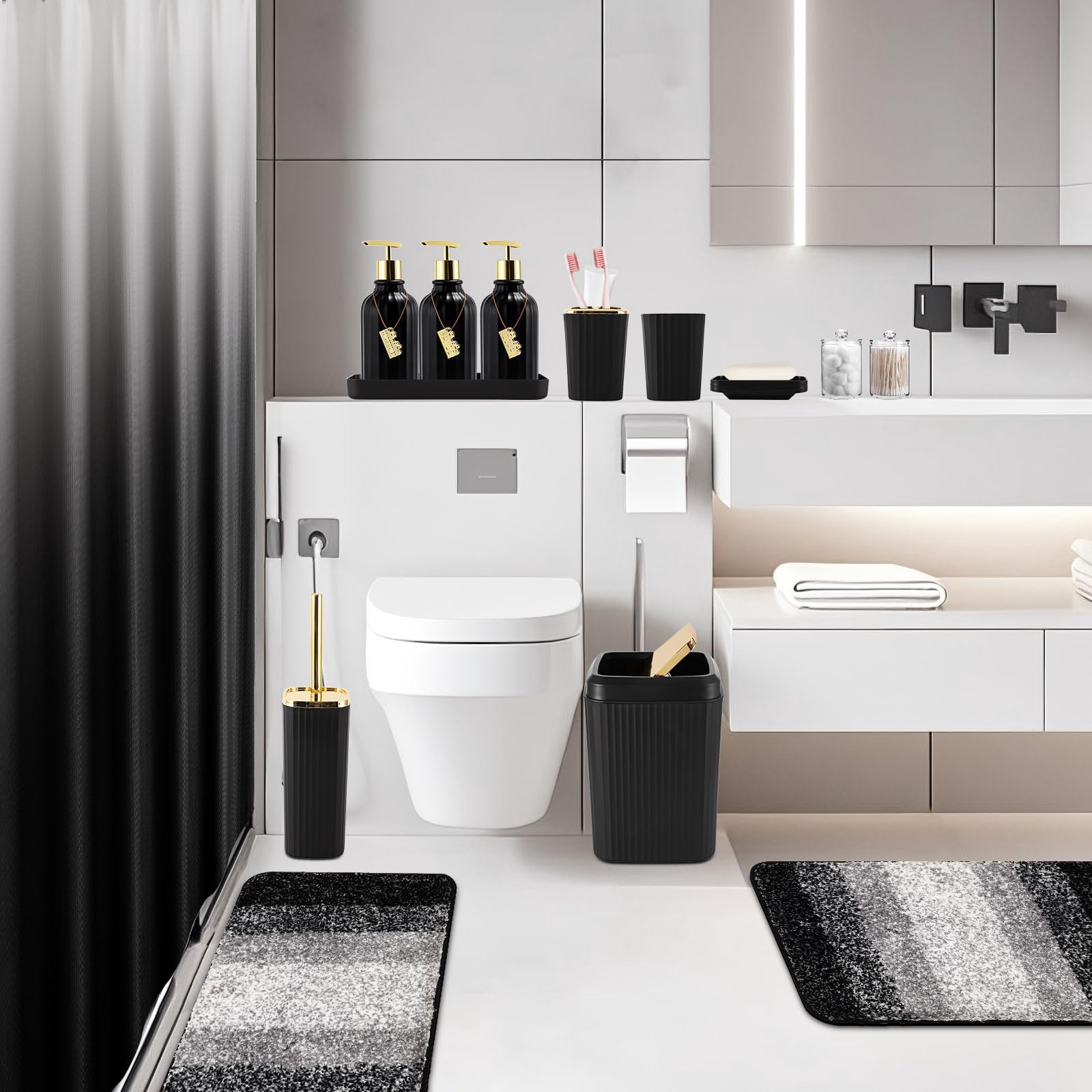 17PCS Bathroom Accessories Bathroom Set Black Bathroom Accessories,Toilet Brush, Trash Can, Qtip Holder Dispenser& 3PCS Soap Dispenser