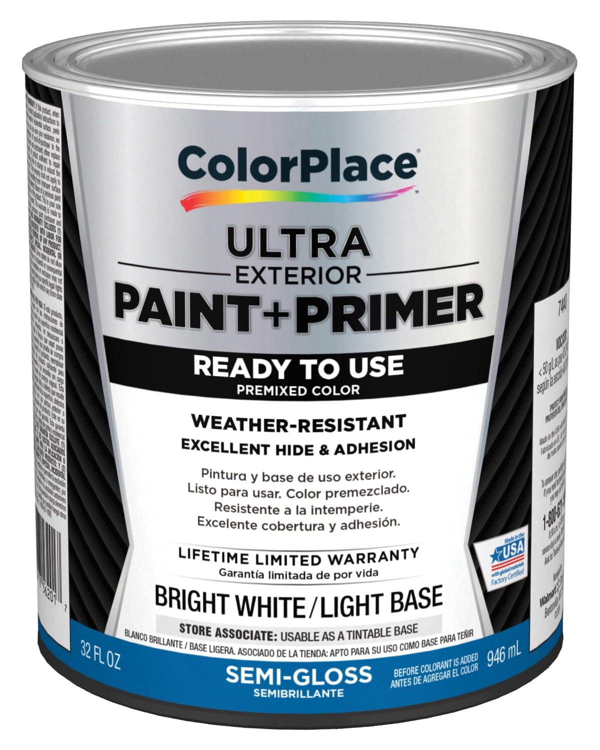 ColorPlace Ultra Exterior Paint & Primer, Semi-Gloss, Bright White/Light Base, 1 Quart