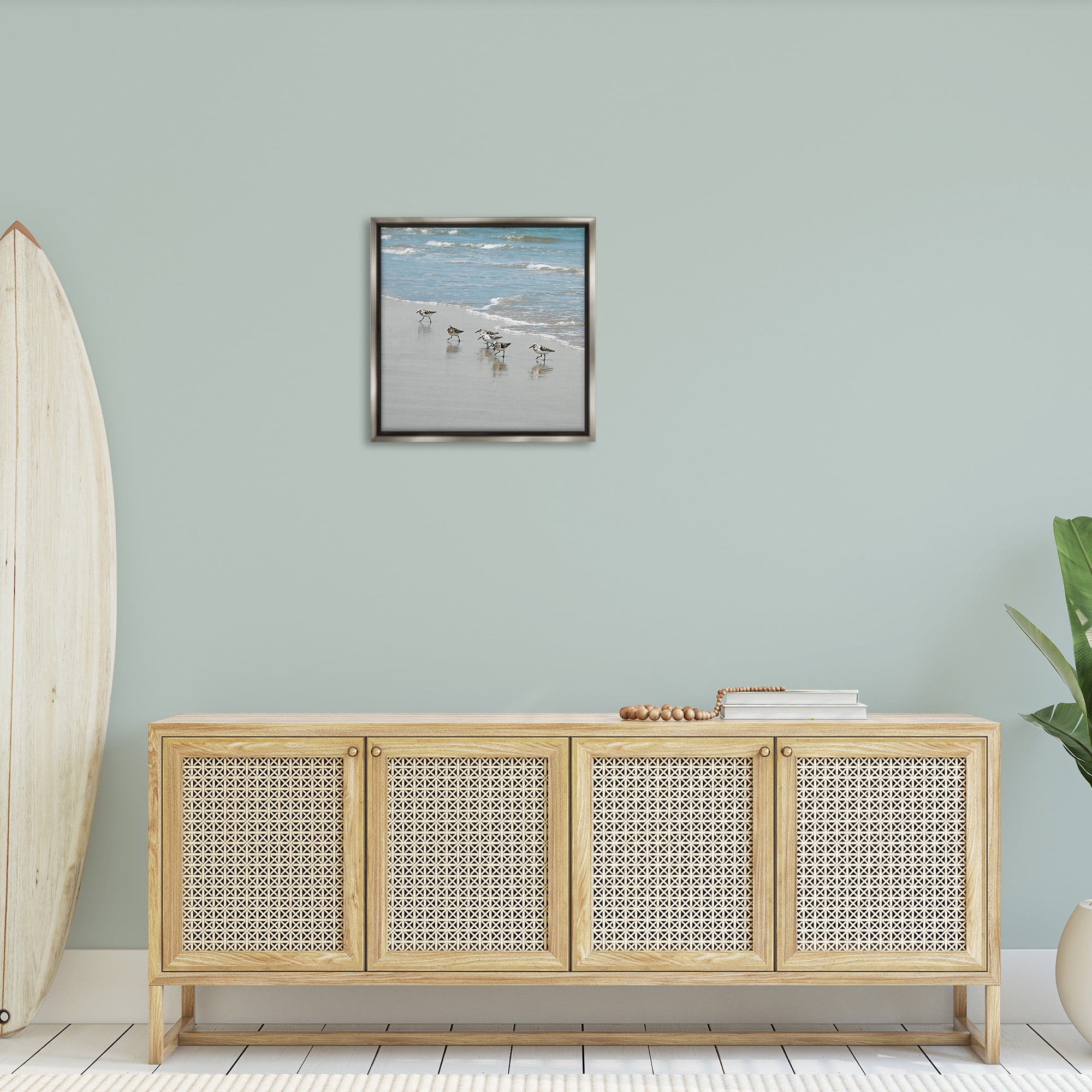 Stupell Industries Sandpipers on Shore Reflection Nature Painting Gray Floater Framed Canvas Art Print Wall Art, 25 x 25