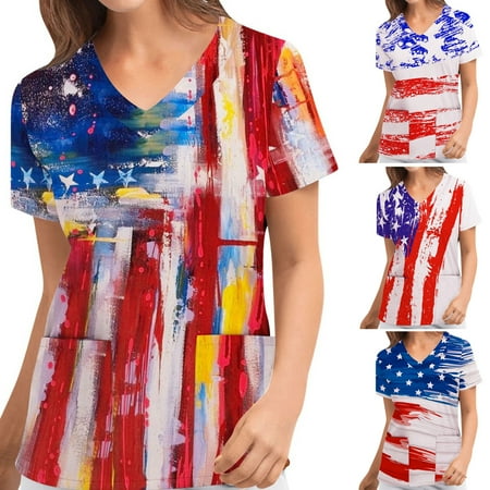 

Women Fashion American Flag Print Short Sleeve Workwear V Neck Pockets Tops