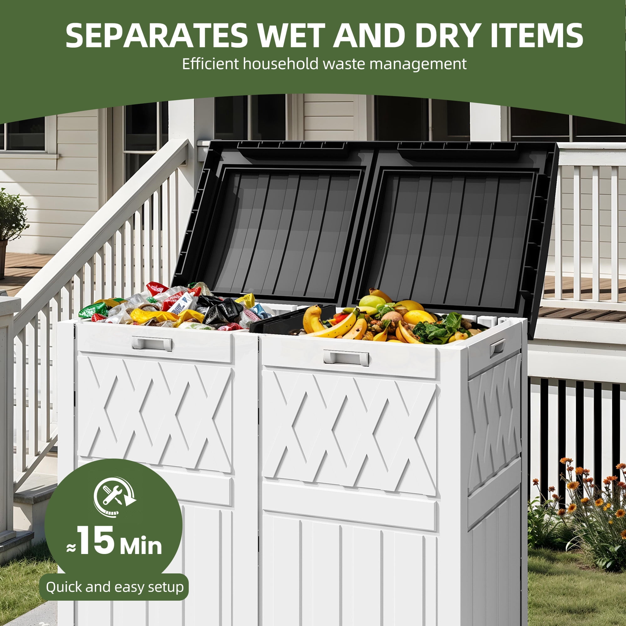 Uforic 62 Gallon Dual Compartment Resin Outdoor Trash Can with Layered Lid & Drip Tray, Waterproof Garbage Bin for Patio Backyard Deck, Black & White