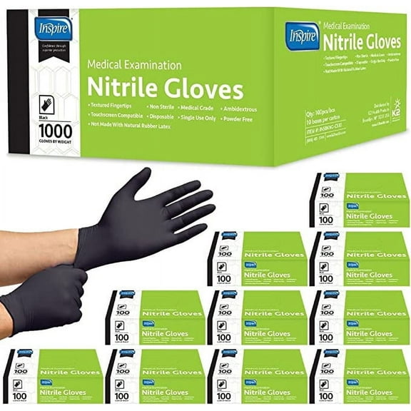 Inspire Medium Black Nitrile Gloves Disposable Latex Free, Exam Grade Medical Gloves, Food Service, Cleaning Gloves, Tattoo Supplies, case of 1000 ct