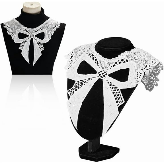 2 pc Bowknot Floral Lace Collar Neckline Trim Clothes Sewing Applique Edge with Plastic Imitation Pearls White 300x370x1mm