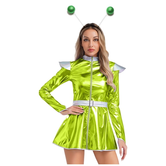 TiaoBug Women Metallic Alien Outfit Long Sleeve Front Zip Mock Neck Club Mini Dress with Alien Hair Hoop Green XXL