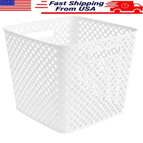 Decorative Storage Basket W/ Cut-Out Handles Home Organization Supplies White Us